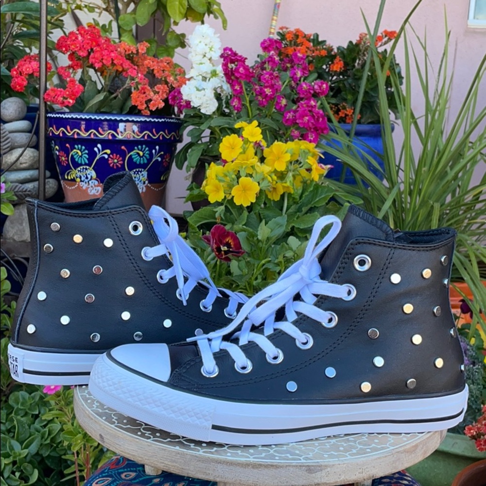 Leather & Silver Studded Converse Hi Tops Sz 7 - Picture 5 of 16